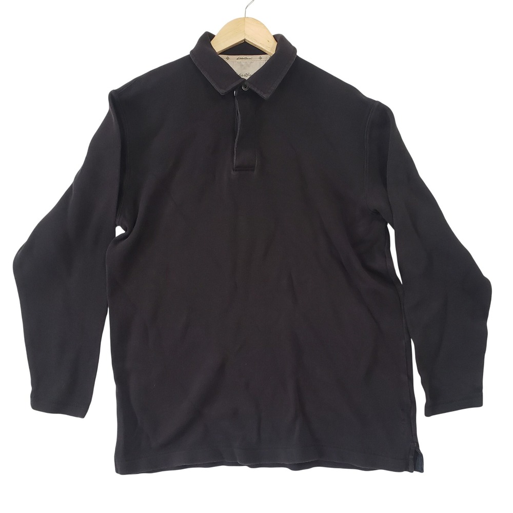 Eddie Bauer Polo Shirt Large Tall Black Long Sleeve Cotton Waffle Knit Classic